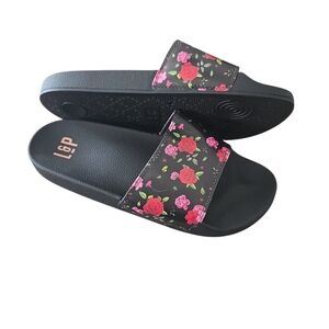 Size 13 Women's NEW L&P Apparel Black And Red Floral Slide Sandals